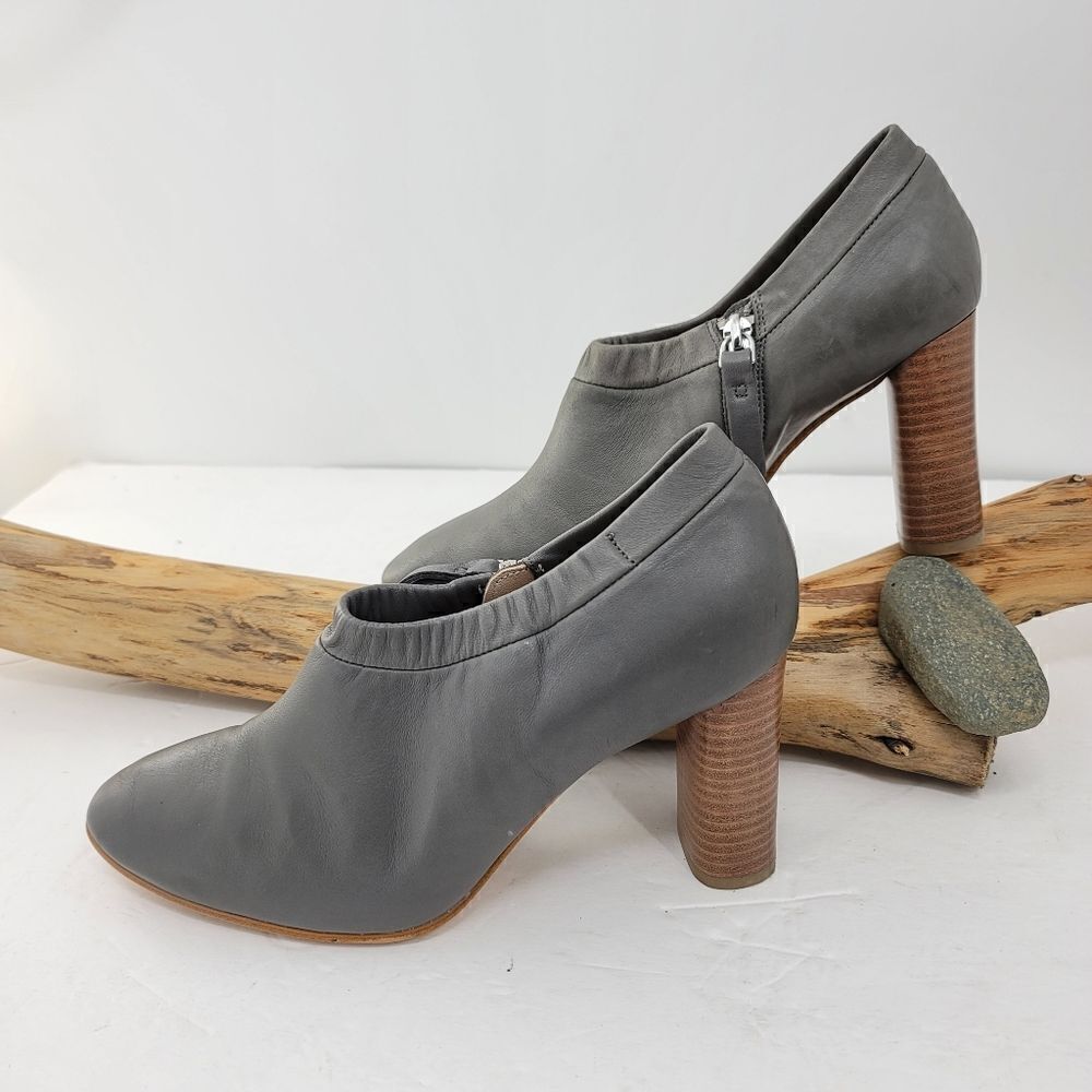 Clarks gray leather booties wood heel style name Narrative